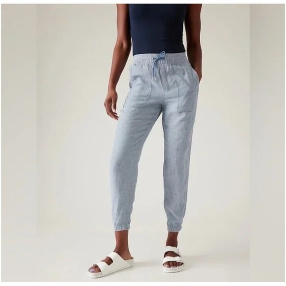 New Athleta Retreat 100% Linen Joggers Pants Chambray Blue Size 18 Travel NWT - Picture 1 of 11